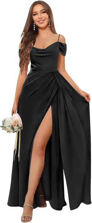 Women‘s Off The Shoulder Bridesmaid Dresses Long Pleated Chiffon Long Formal Evening Gown with Slit