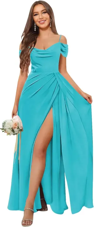 Women‘s Off The Shoulder Bridesmaid Dresses Long Pleated Chiffon Long Formal Evening Gown with Slit