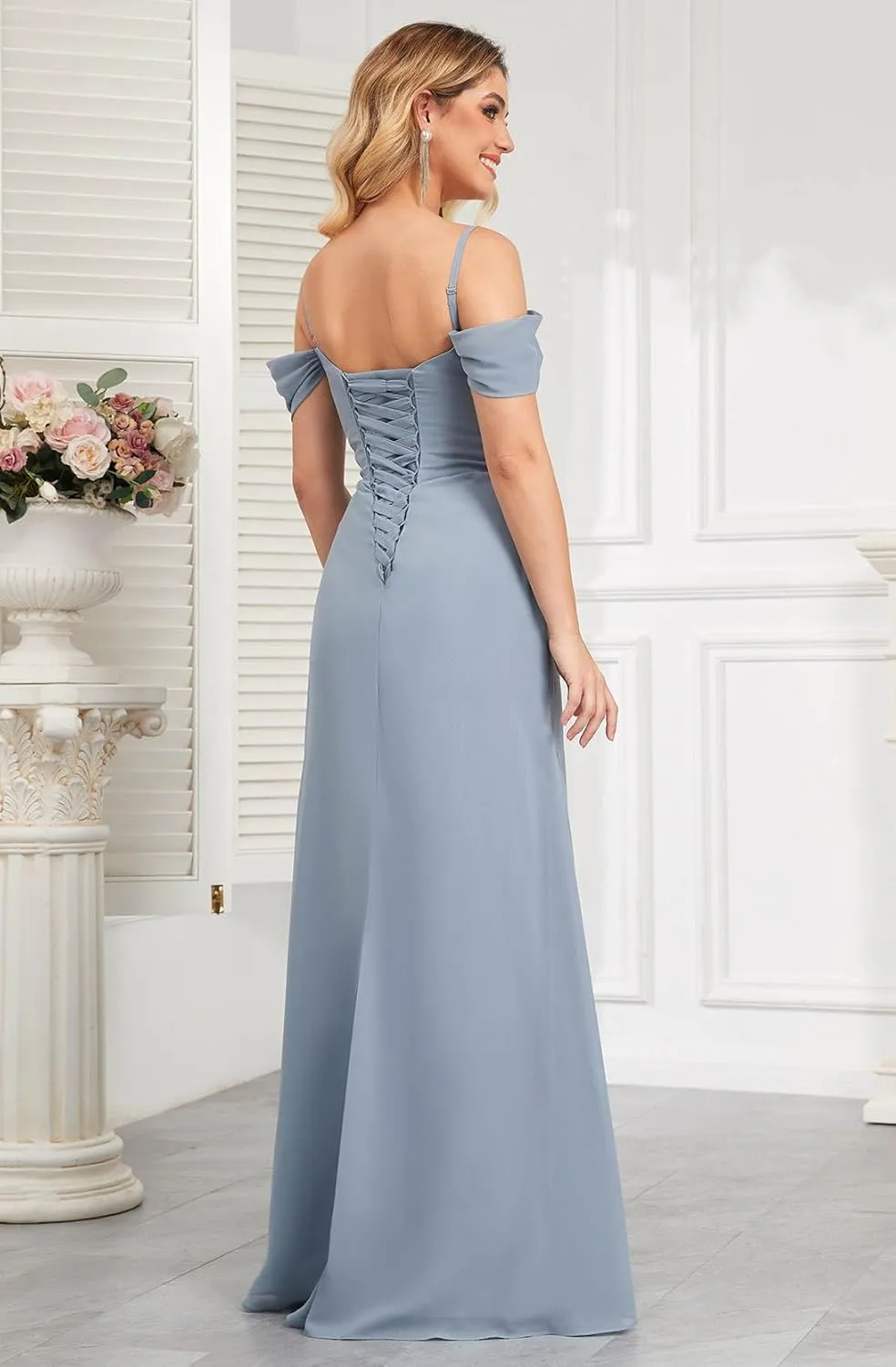 Women‘s Off The Shoulder Bridesmaid Dresses Long Pleated Chiffon Long Formal Evening Gown with Slit