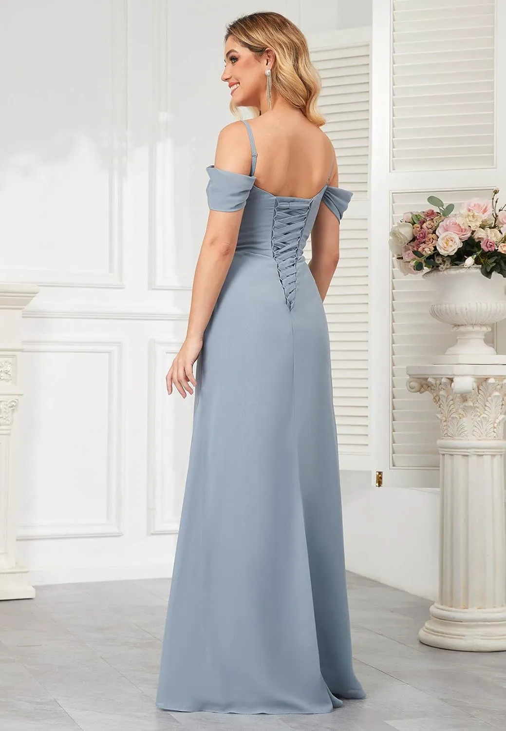 Women‘s Off The Shoulder Bridesmaid Dresses Long Pleated Chiffon Long Formal Evening Gown with Slit