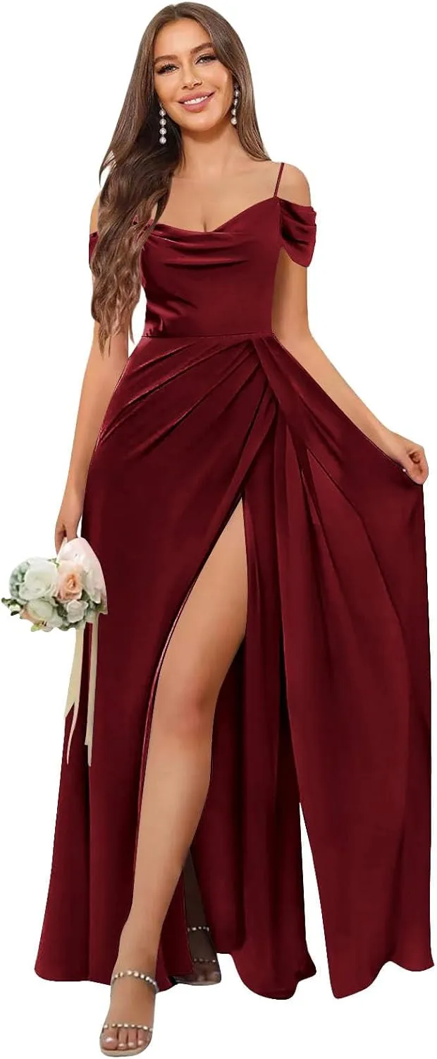 Women‘s Off The Shoulder Bridesmaid Dresses Long Pleated Chiffon Long Formal Evening Gown with Slit