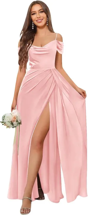 Women‘s Off The Shoulder Bridesmaid Dresses Long Pleated Chiffon Long Formal Evening Gown with Slit