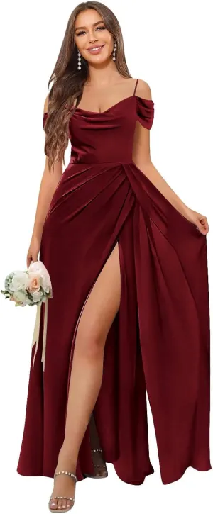 Women‘s Off The Shoulder Bridesmaid Dresses Long Pleated Chiffon Long Formal Evening Gown with Slit