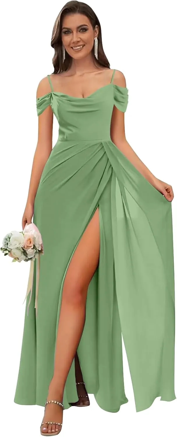 Women‘s Off The Shoulder Bridesmaid Dresses Long Pleated Chiffon Long Formal Evening Gown with Slit