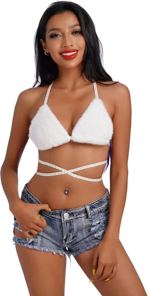 Women's Rave Furry Bra Top Strappy Halter Triangle Bralette Cami Tanks Festival Party Dance Hot Clubwear