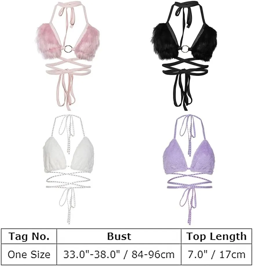 Women's Rave Furry Bra Top Strappy Halter Triangle Bralette Cami Tanks Festival Party Dance Hot Clubwear