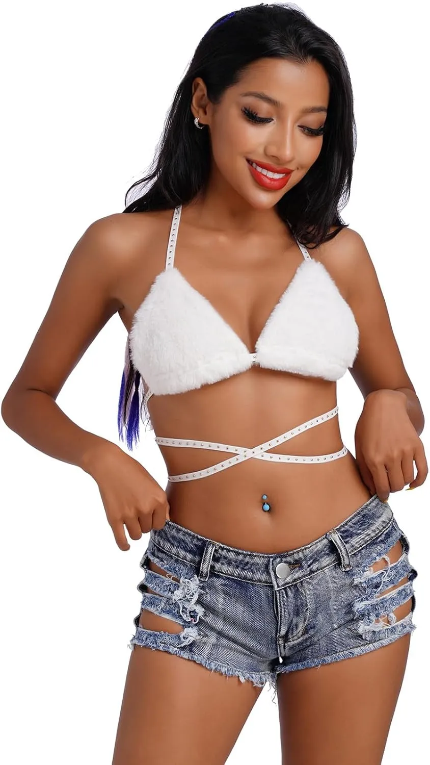 Women's Rave Furry Bra Top Strappy Halter Triangle Bralette Cami Tanks Festival Party Dance Hot Clubwear