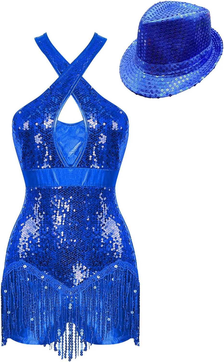 Womens Sleeveless Sparkly Sequins Tassel Fringe Dress Latin Jazz Salsa Tango Samba Rumba Dance Costume