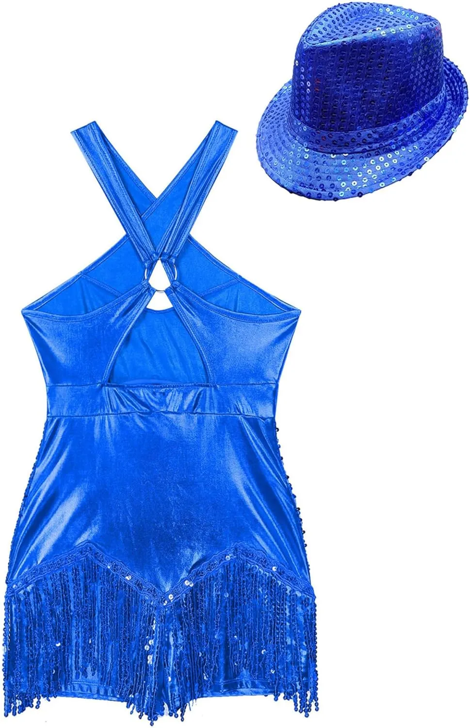 Womens Sleeveless Sparkly Sequins Tassel Fringe Dress Latin Jazz Salsa Tango Samba Rumba Dance Costume