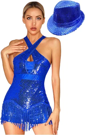 Womens Sleeveless Sparkly Sequins Tassel Fringe Dress Latin Jazz Salsa Tango Samba Rumba Dance Costume