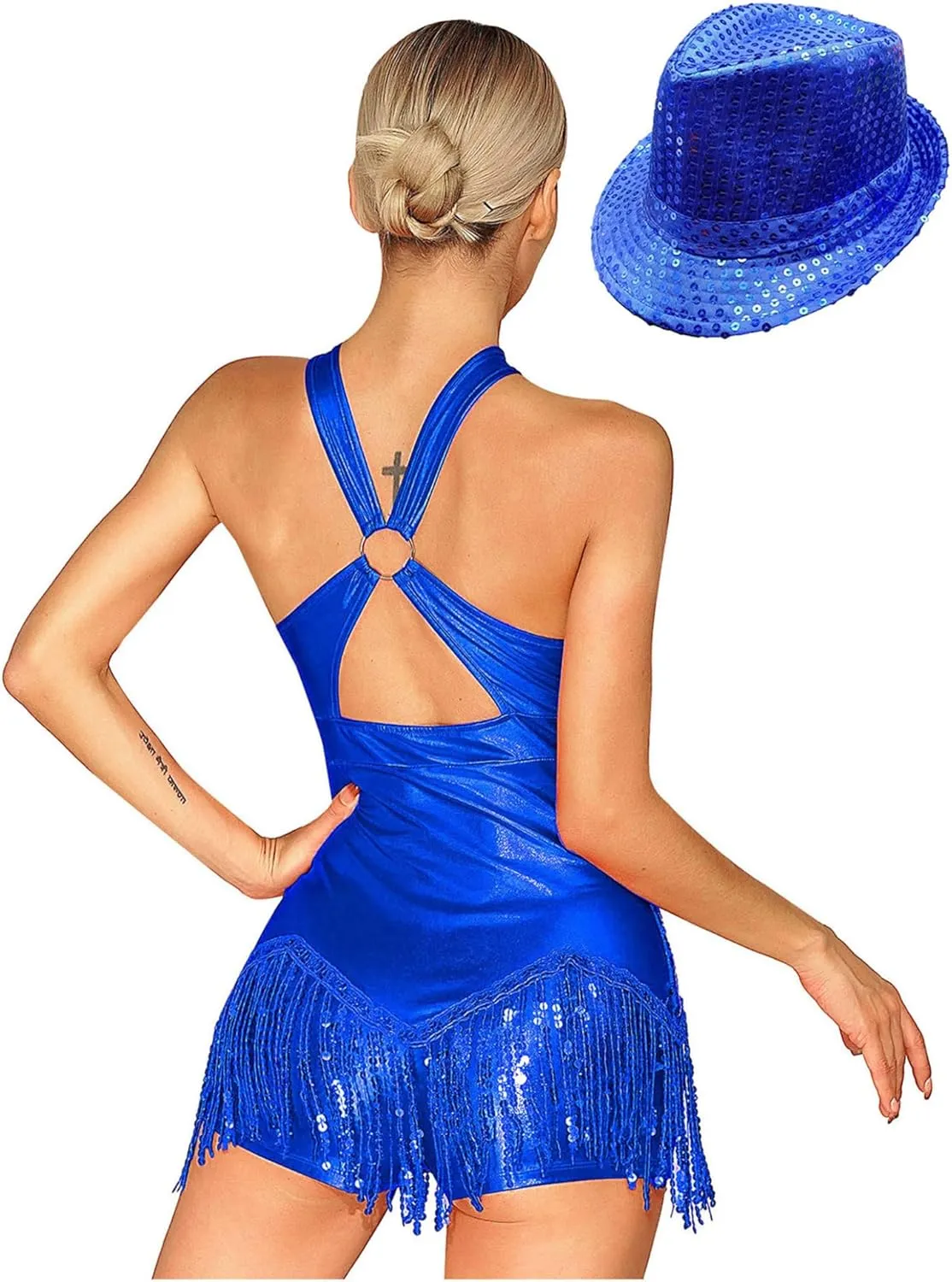 Womens Sleeveless Sparkly Sequins Tassel Fringe Dress Latin Jazz Salsa Tango Samba Rumba Dance Costume
