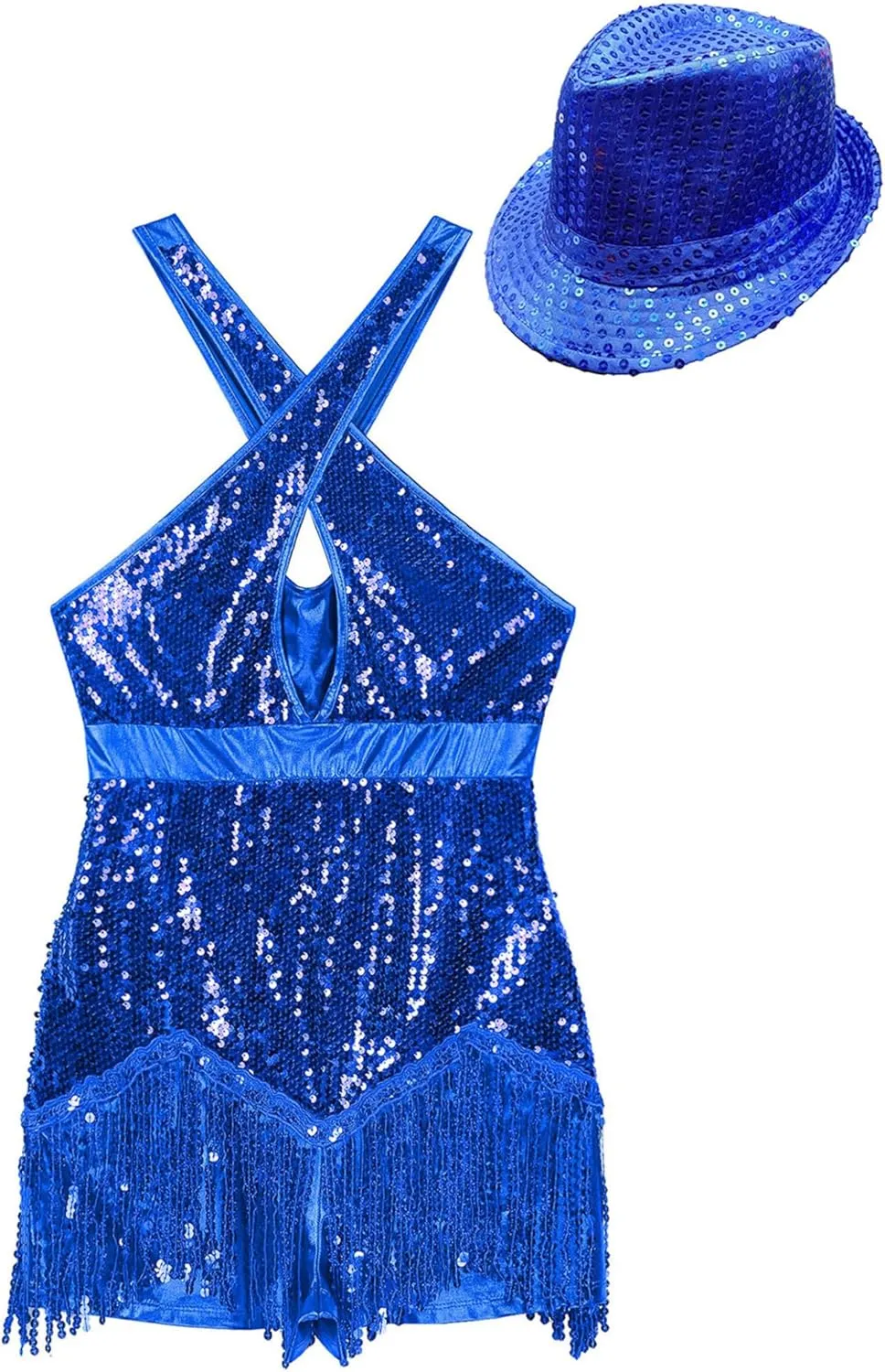 Womens Sleeveless Sparkly Sequins Tassel Fringe Dress Latin Jazz Salsa Tango Samba Rumba Dance Costume