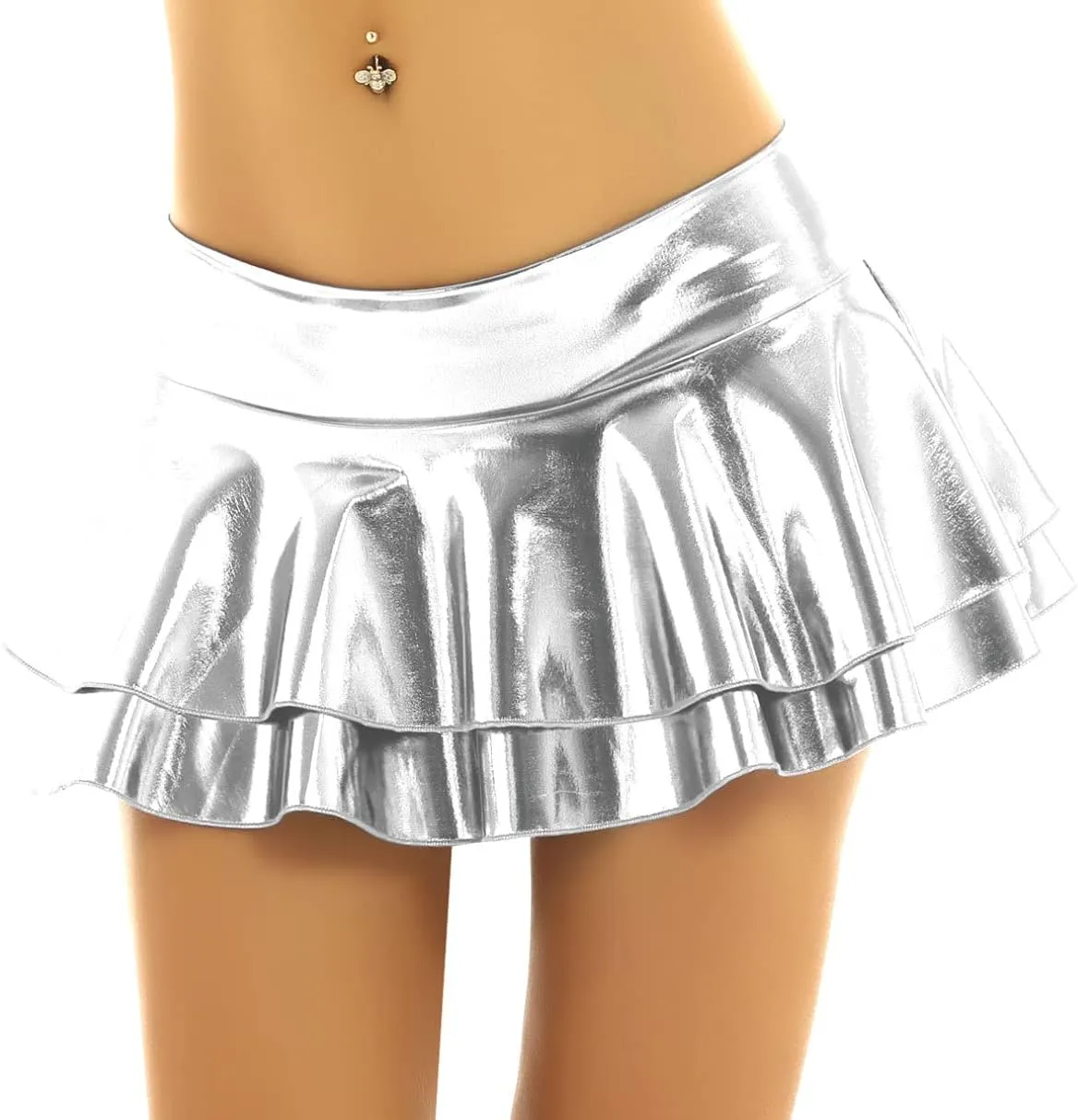 Women's Solid Novelty Metallic Pleated Mini Skirt Double Layer Tutu Flare Dance Dresses