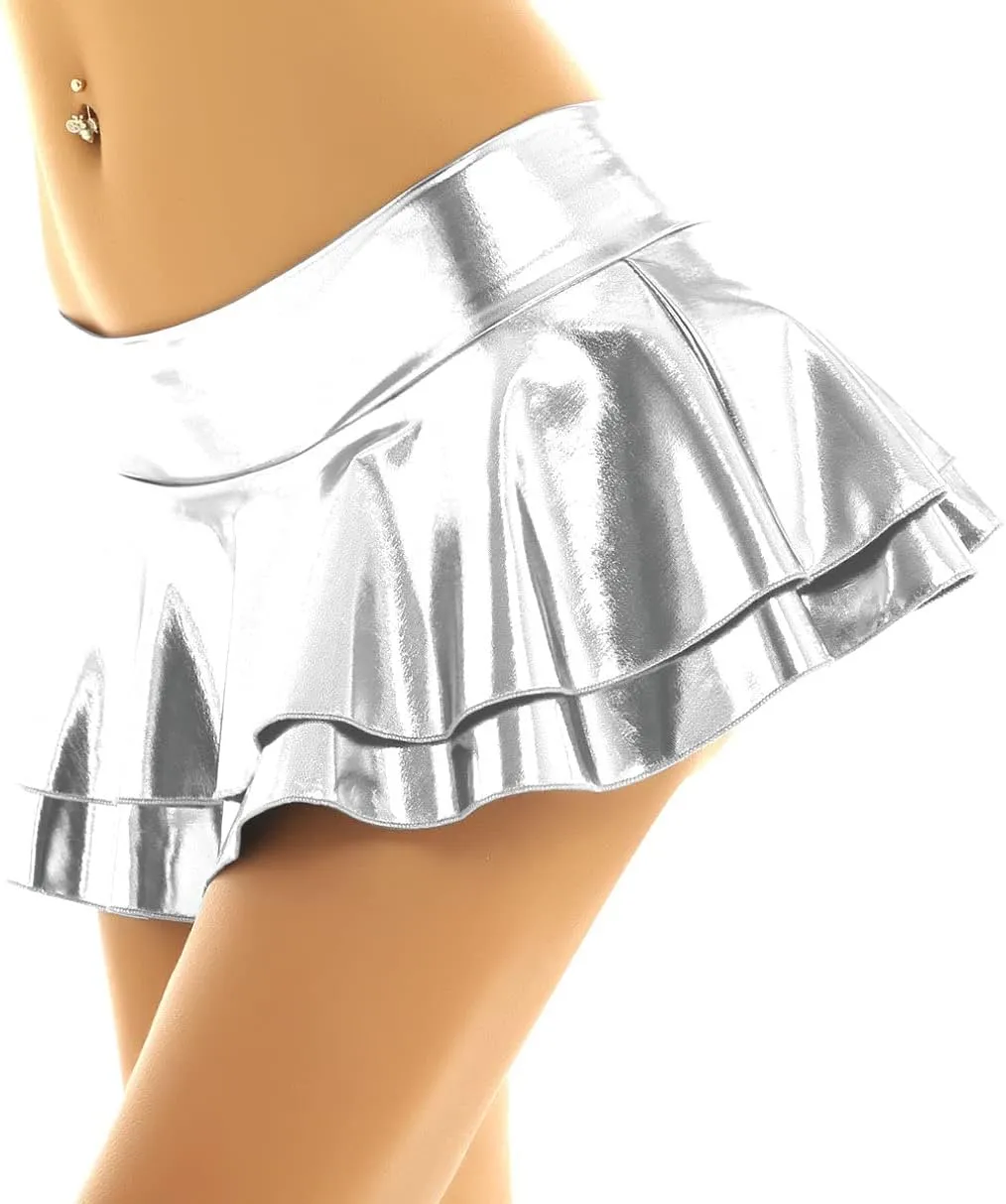 Women's Solid Novelty Metallic Pleated Mini Skirt Double Layer Tutu Flare Dance Dresses