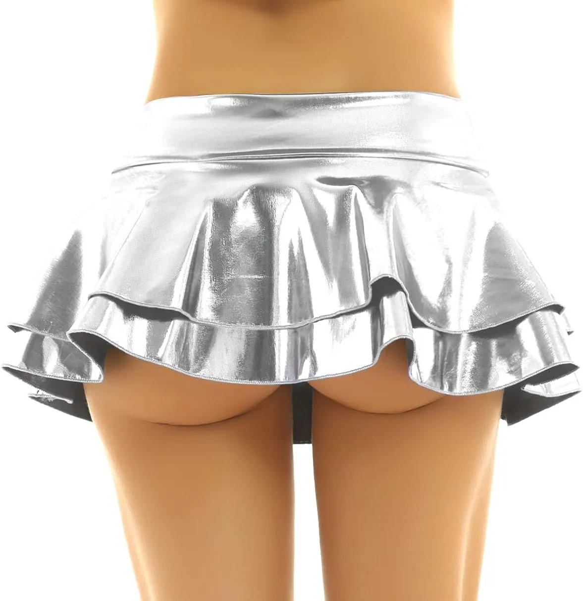 Women's Solid Novelty Metallic Pleated Mini Skirt Double Layer Tutu Flare Dance Dresses