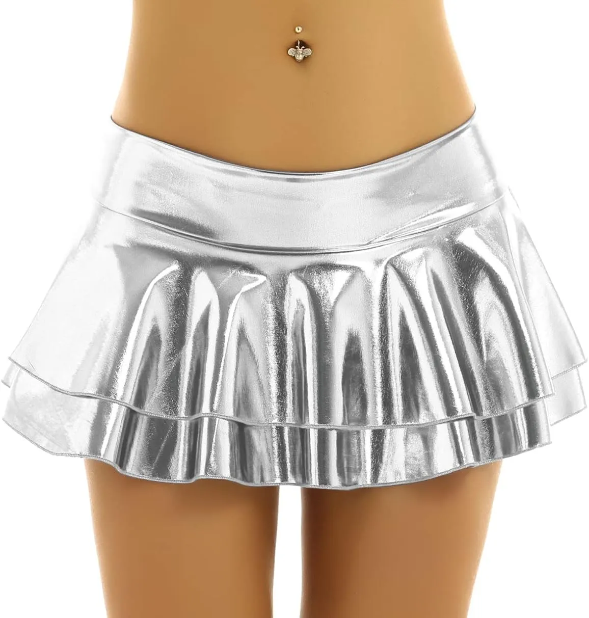 Women's Solid Novelty Metallic Pleated Mini Skirt Double Layer Tutu Flare Dance Dresses