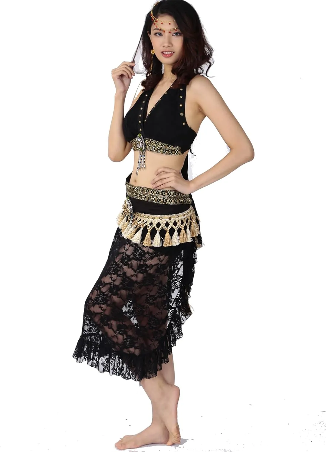 Women's Tribal Lace Belly Dance Bra Top and Tassel Hip Scarf 2pcs/Set