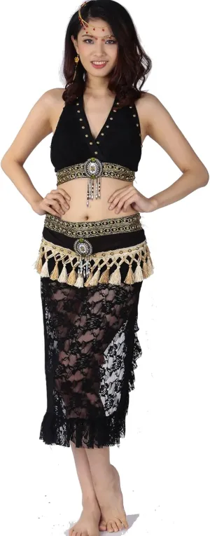 Women's Tribal Lace Belly Dance Bra Top and Tassel Hip Scarf 2pcs/Set