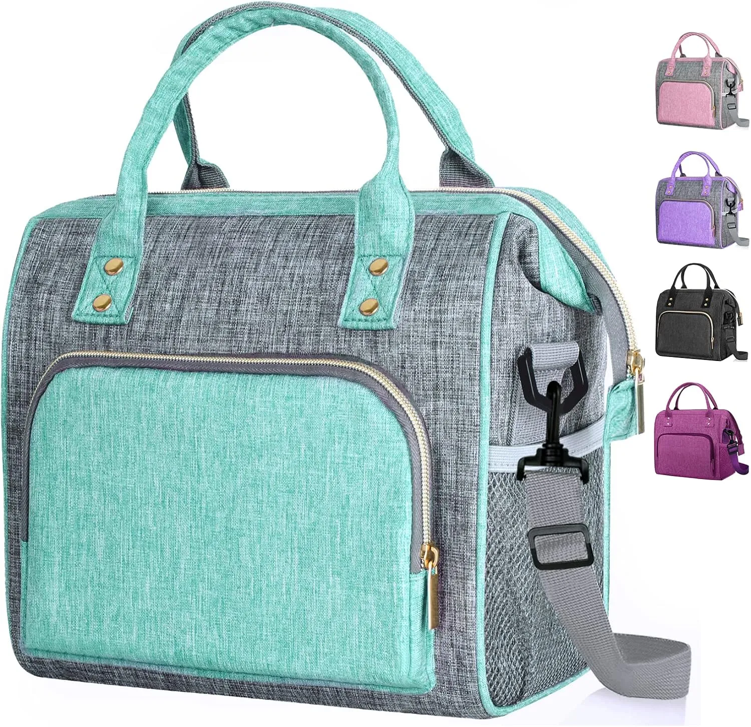 WONDAY Insulated Lunch Bag for Women, Reusable Leakproof Large Lunch Box with Adjustable Shoulder Strap, Multi-Pocket Lunch Bag Women for Work, Office, Picnic, Outdoor(Green)