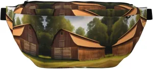Wooden Barn Countryside Fanny Pack Crossbody Sling Bag â€“ Zipper Pockets for Travel, Hiking, Cycling, Workouts, and Everyday Use