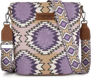 Wrangler Aztec Crossbody Bag for Women Southwestern Print Canvas Shoulder Purse with Distressed Look and Adjustable Strap