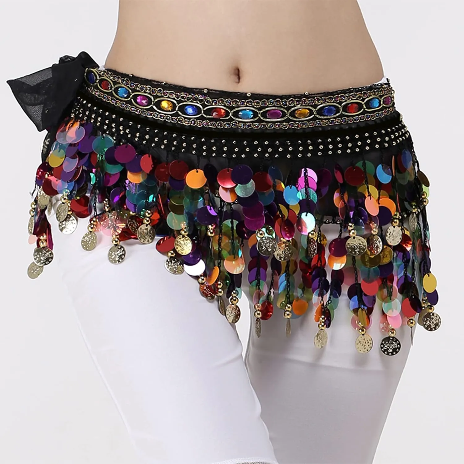 Wuchieal Women's Belly Dance Hip Scarf, Sweet Belly Dance Skirt Wrap Performance Bling Sequins Coins, Belly Dance Costume