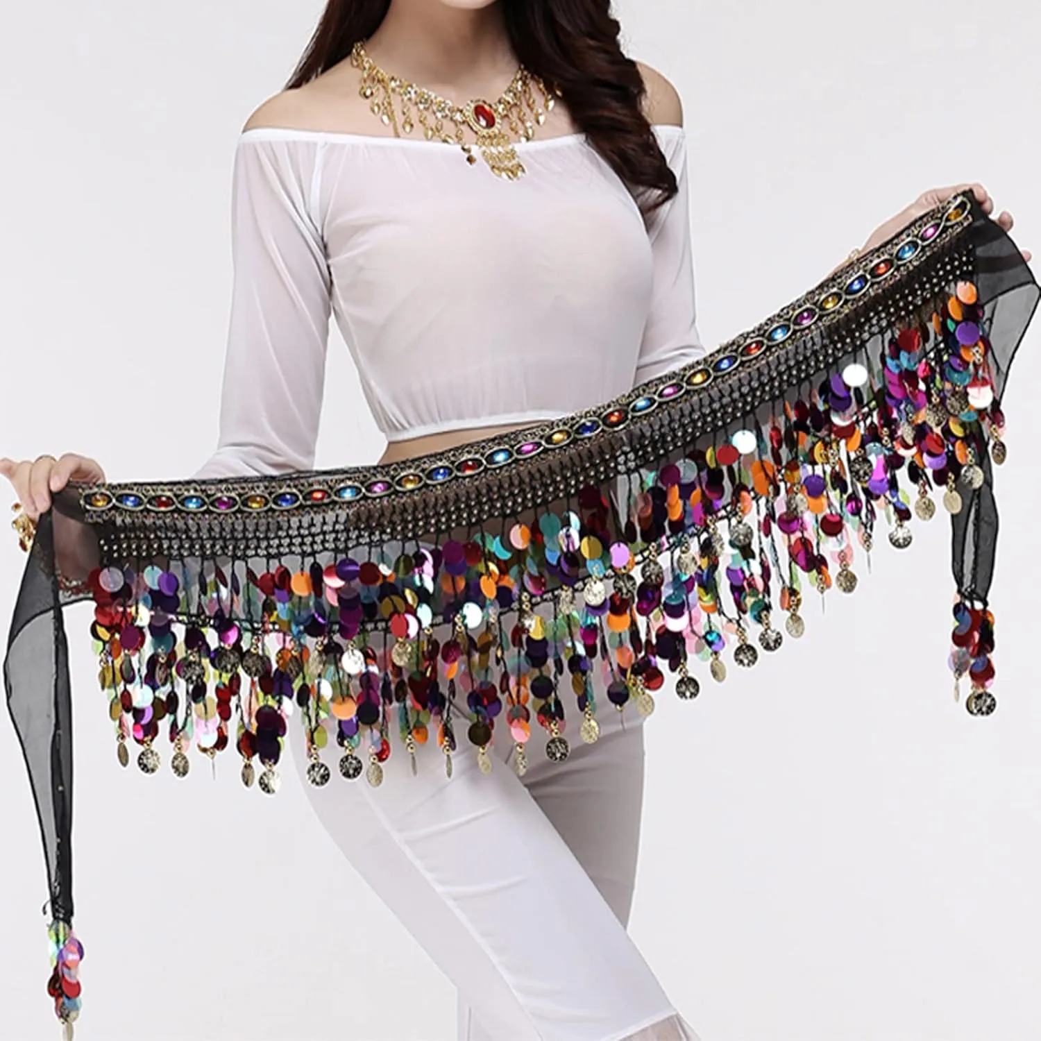Wuchieal Women's Belly Dance Hip Scarf, Sweet Belly Dance Skirt Wrap Performance Bling Sequins Coins, Belly Dance Costume