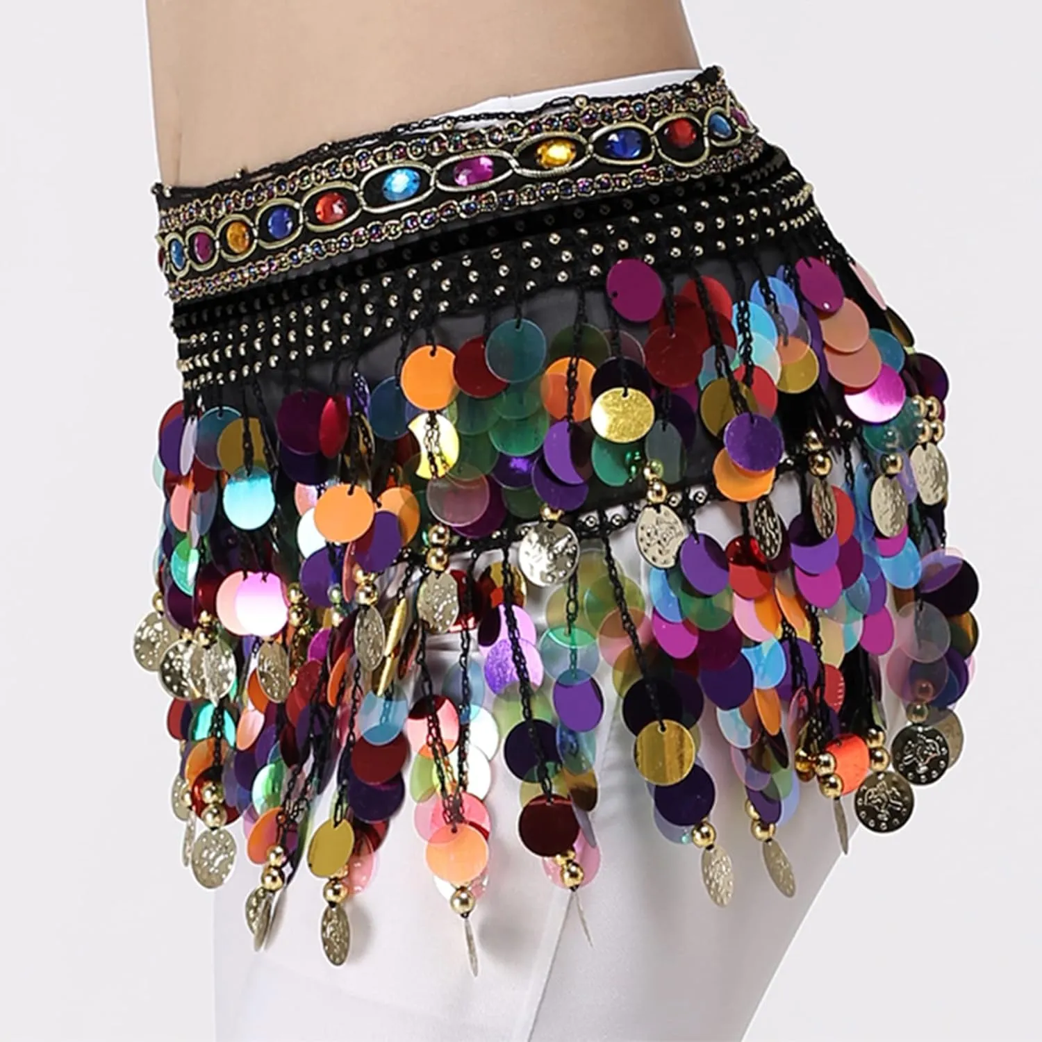 Wuchieal Women's Belly Dance Hip Scarf, Sweet Belly Dance Skirt Wrap Performance Bling Sequins Coins, Belly Dance Costume