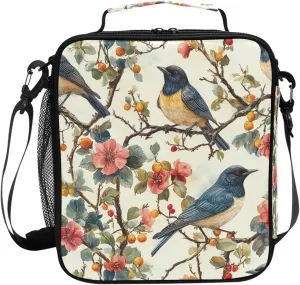 Wudan Aesthetic European Starling Birds Beige Insulated Girls Lunch Bags Leakproof Adult Lunch Pack for Construction Workers