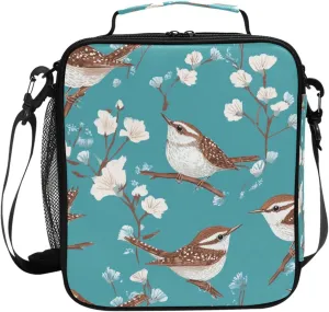 Wudan Beauty Carolina Wren Birds Teal Insulated Girls Lunch Bags Leakproof Nurse Lunch Sack for College Gym