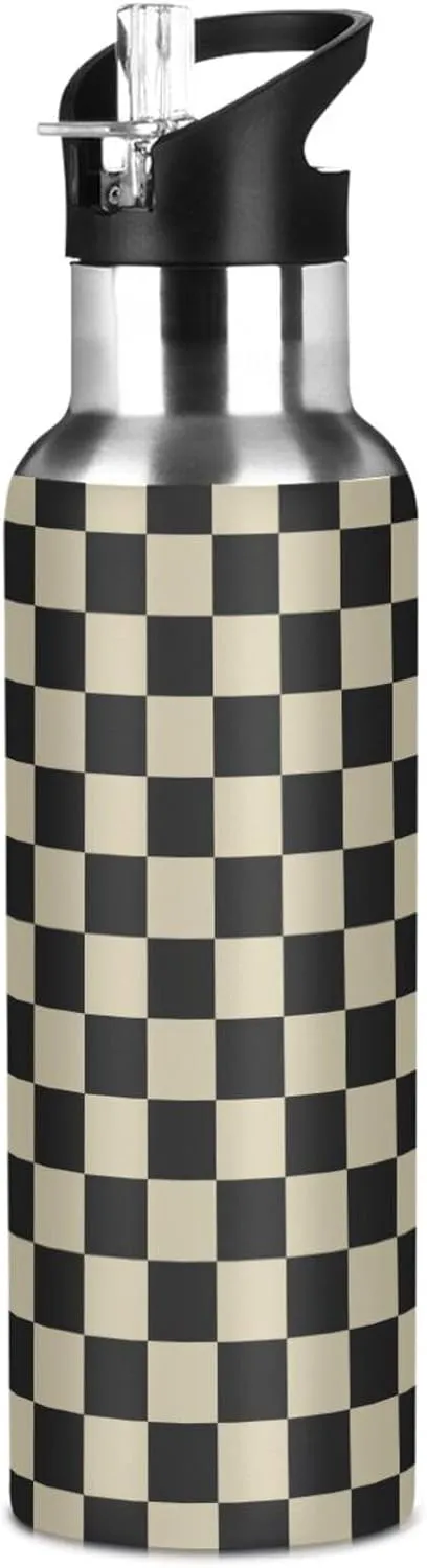 Wusikd Black Brown Checkerboard Water Bottle with Straw Lid Double Wall Thermos Bottle Vacuum Insulated Flask Stainless Steel Water Bottle for Gym Outdoor 20 OZ