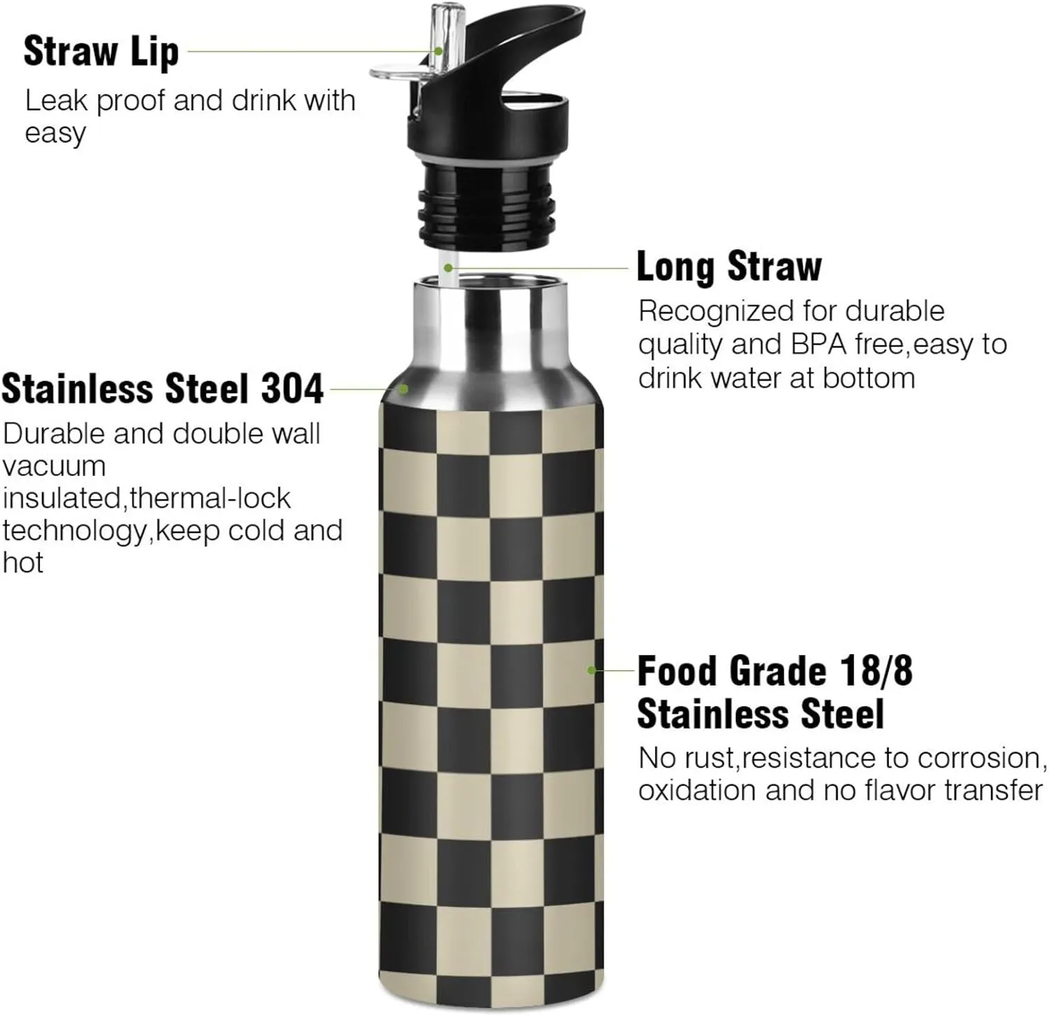 Wusikd Black Brown Checkerboard Water Bottle with Straw Lid Double Wall Thermos Bottle Vacuum Insulated Flask Stainless Steel Water Bottle for Gym Outdoor 20 OZ