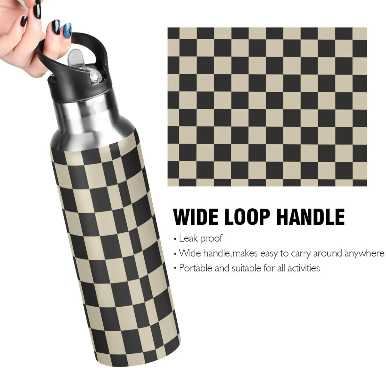 Wusikd Black Brown Checkerboard Water Bottle with Straw Lid Double Wall Thermos Bottle Vacuum Insulated Flask Stainless Steel Water Bottle for Gym Outdoor 20 OZ