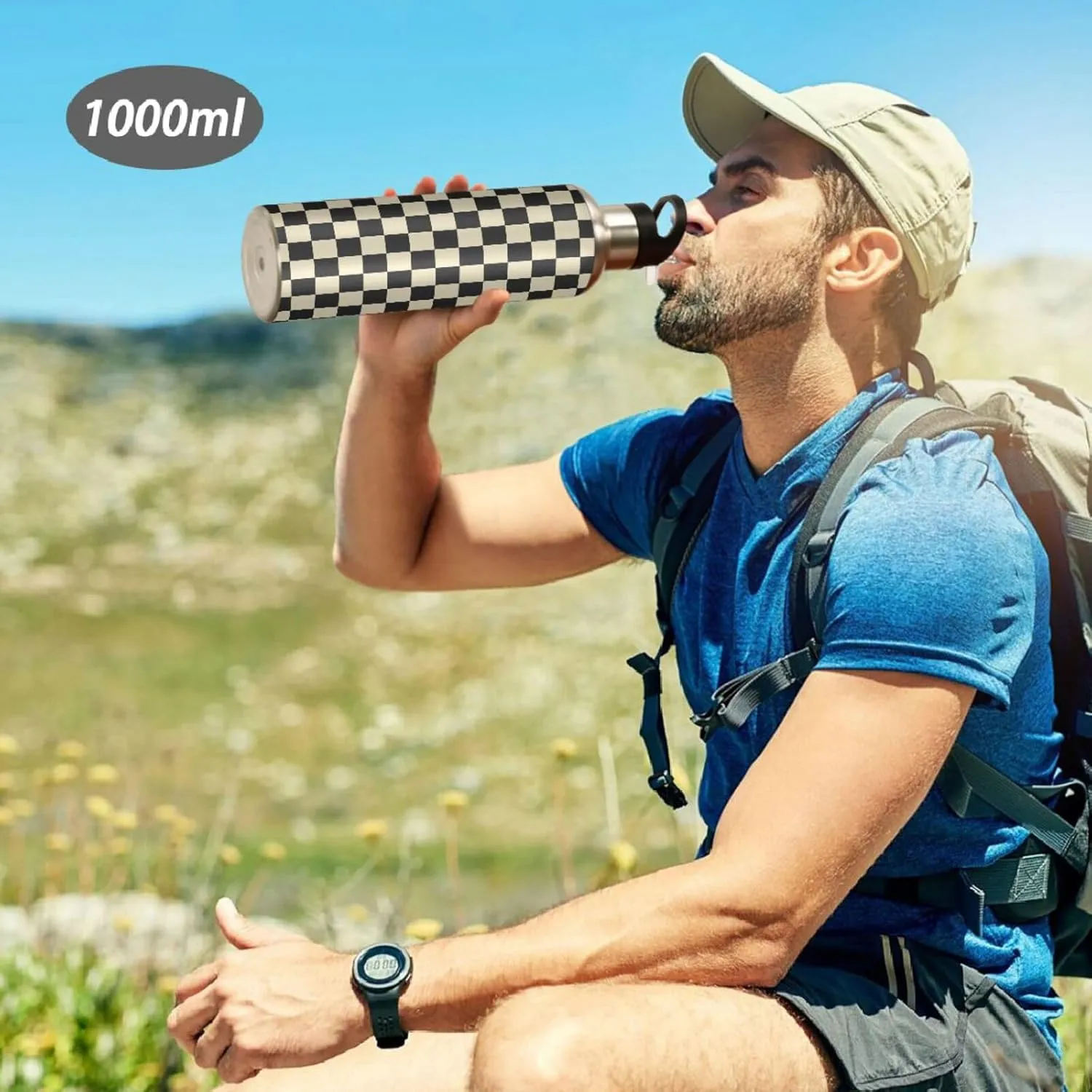 Wusikd Black Brown Checkerboard Water Bottle with Straw Lid Double Wall Thermos Bottle Vacuum Insulated Flask Stainless Steel Water Bottle for Gym Outdoor 20 OZ