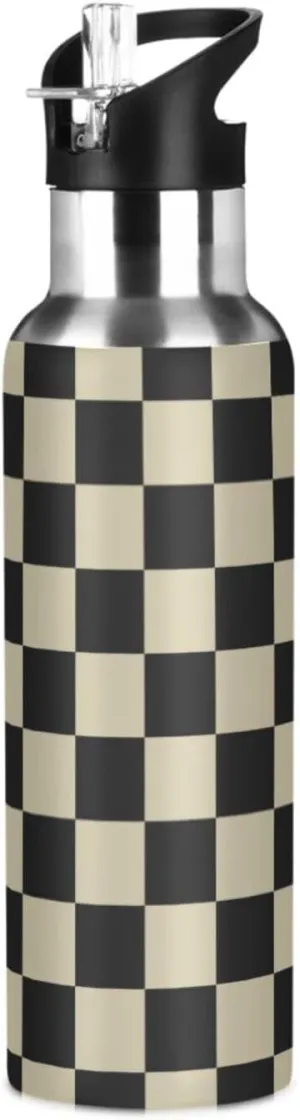 Wusikd Black Brown Checkerboard Water Bottle with Straw Lid Double Wall Thermos Bottle Vacuum Insulated Flask Stainless Steel Water Bottle for Gym Outdoor 20 OZ