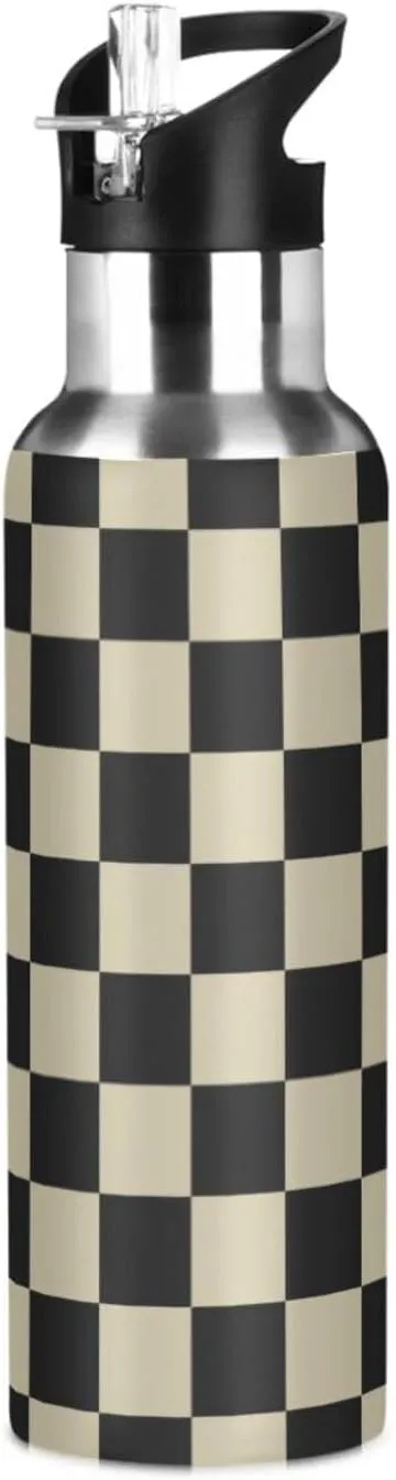 Wusikd Black Brown Checkerboard Water Bottle with Straw Lid Double Wall Thermos Bottle Vacuum Insulated Flask Stainless Steel Water Bottle for Gym Outdoor 20 OZ