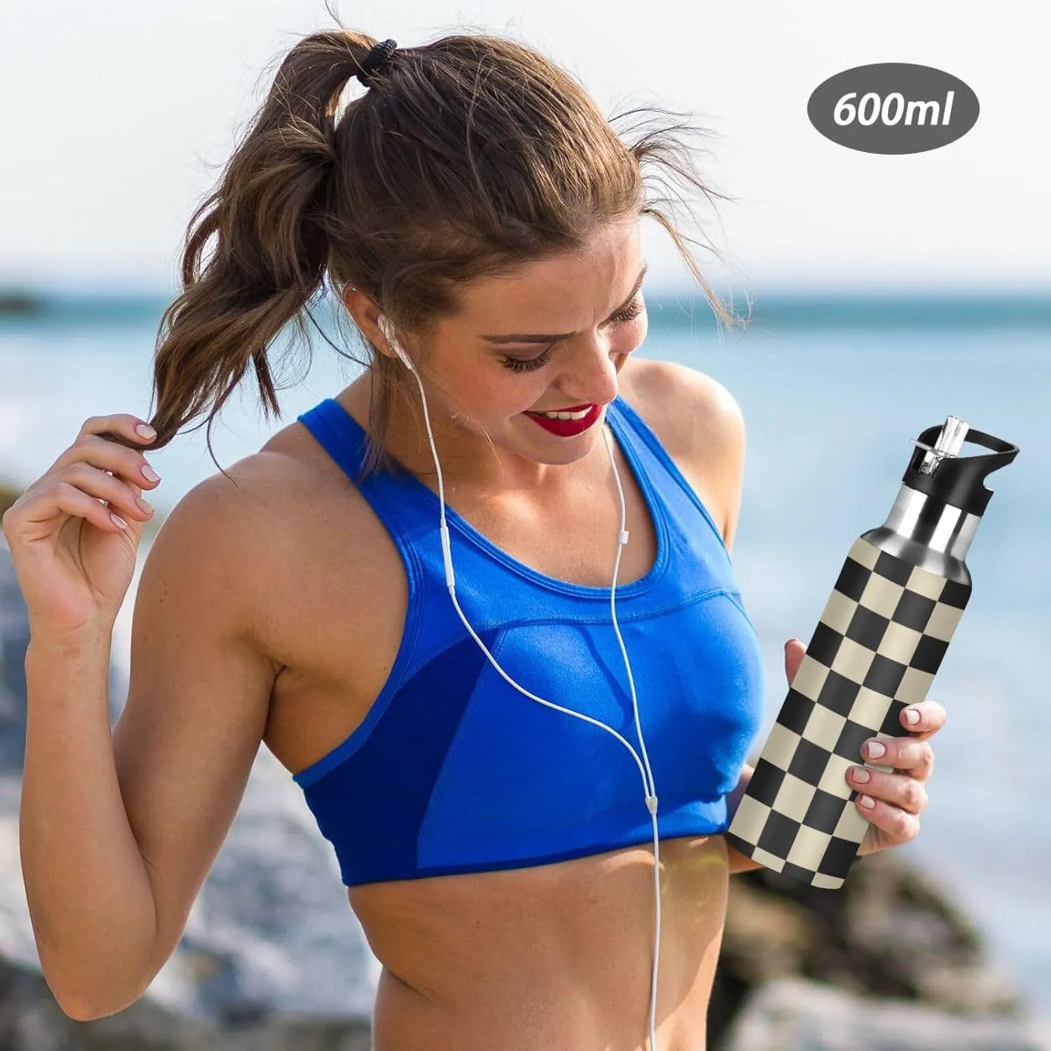 Wusikd Black Brown Checkerboard Water Bottle with Straw Lid Double Wall Thermos Bottle Vacuum Insulated Flask Stainless Steel Water Bottle for Gym Outdoor 20 OZ