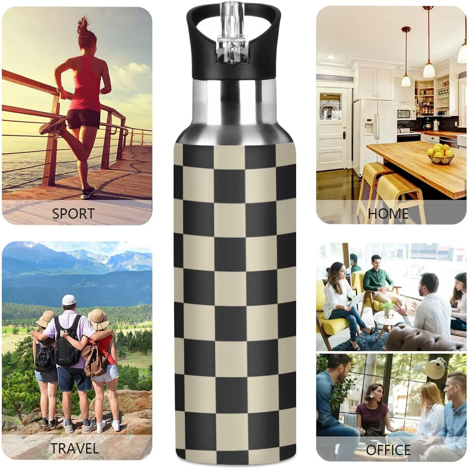 Wusikd Black Brown Checkerboard Water Bottle with Straw Lid Double Wall Thermos Bottle Vacuum Insulated Flask Stainless Steel Water Bottle for Gym Outdoor 20 OZ