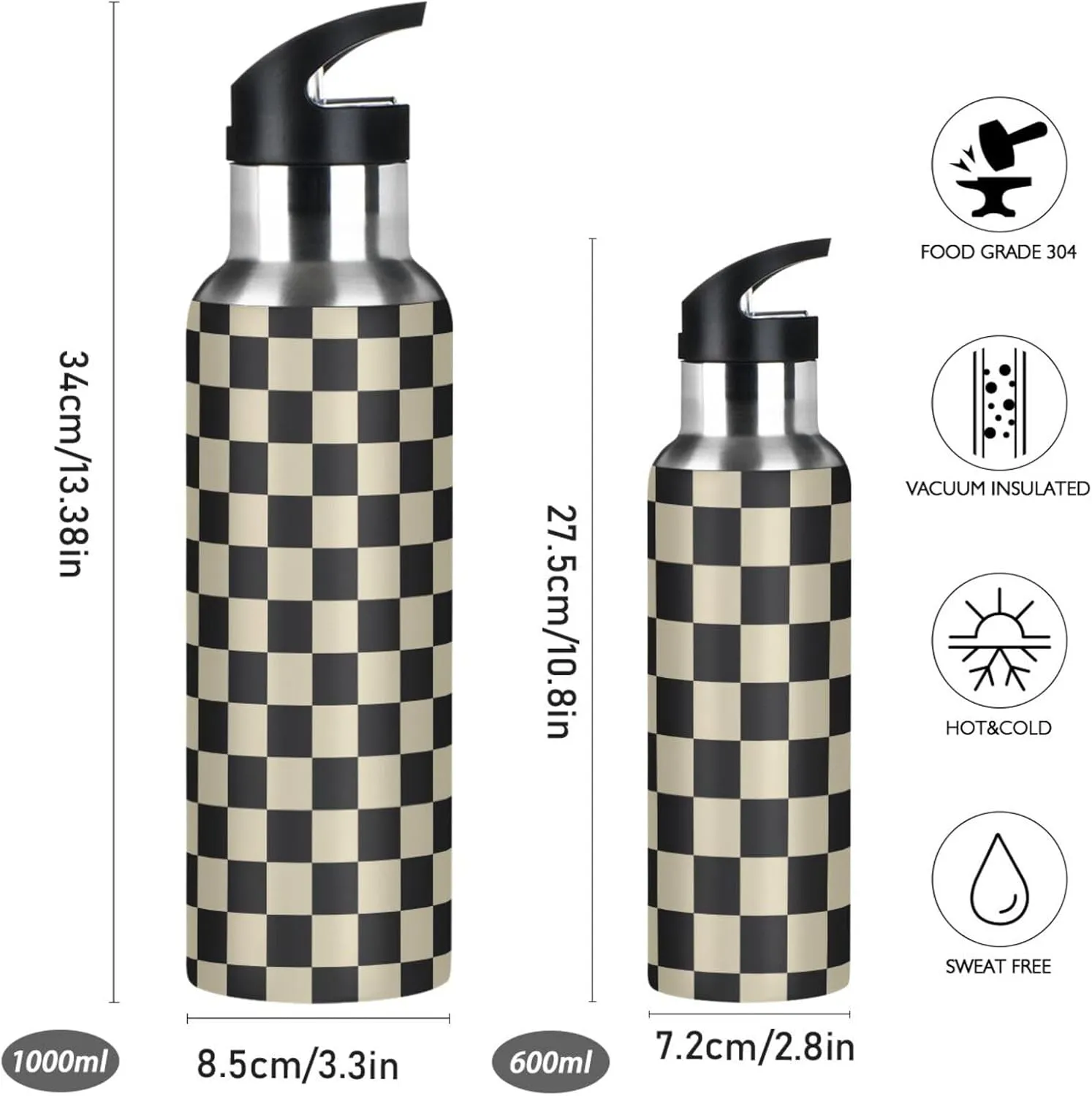 Wusikd Black Brown Checkerboard Water Bottle with Straw Lid Double Wall Thermos Bottle Vacuum Insulated Flask Stainless Steel Water Bottle for Gym Outdoor 20 OZ