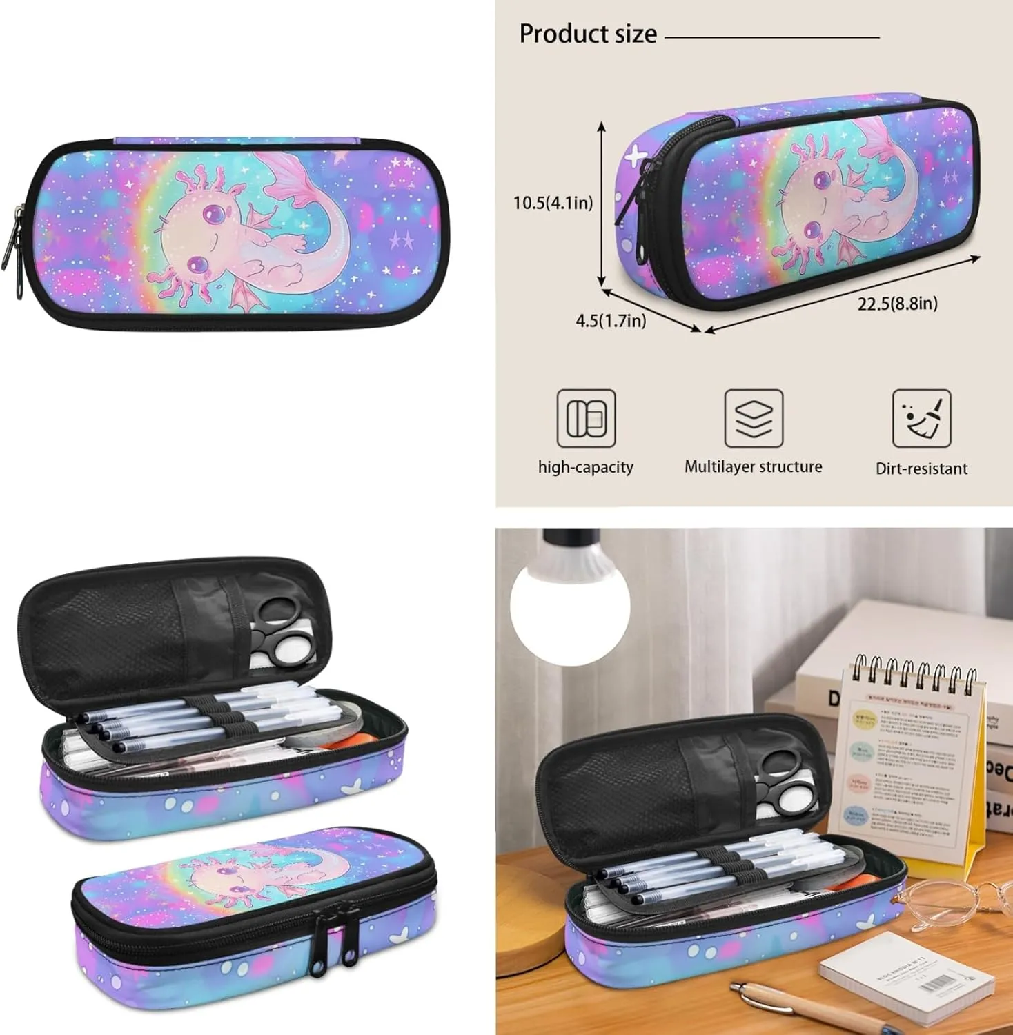 Xhuibop Axolotl Girls Backpack with Lunch Box Set of 3 Rainbow Star Book Bag with Lunchbox for Girls 10-12 Kids Bookbag with Lunch Bag for 3rd Grade Girls Children School Bag Pencil Case