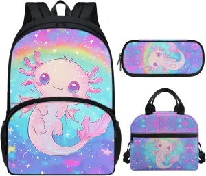 Xhuibop Axolotl Girls Backpack with Lunch Box Set of 3 Rainbow Star Book Bag with Lunchbox for Girls 10-12 Kids Bookbag with Lunch Bag for 3rd Grade Girls Children School Bag Pencil Case