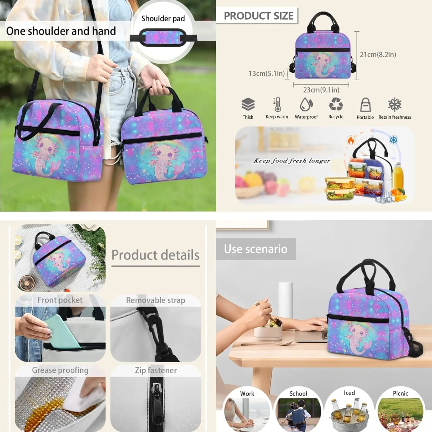 Xhuibop Axolotl Girls Backpack with Lunch Box Set of 3 Rainbow Star Book Bag with Lunchbox for Girls 10-12 Kids Bookbag with Lunch Bag for 3rd Grade Girls Children School Bag Pencil Case
