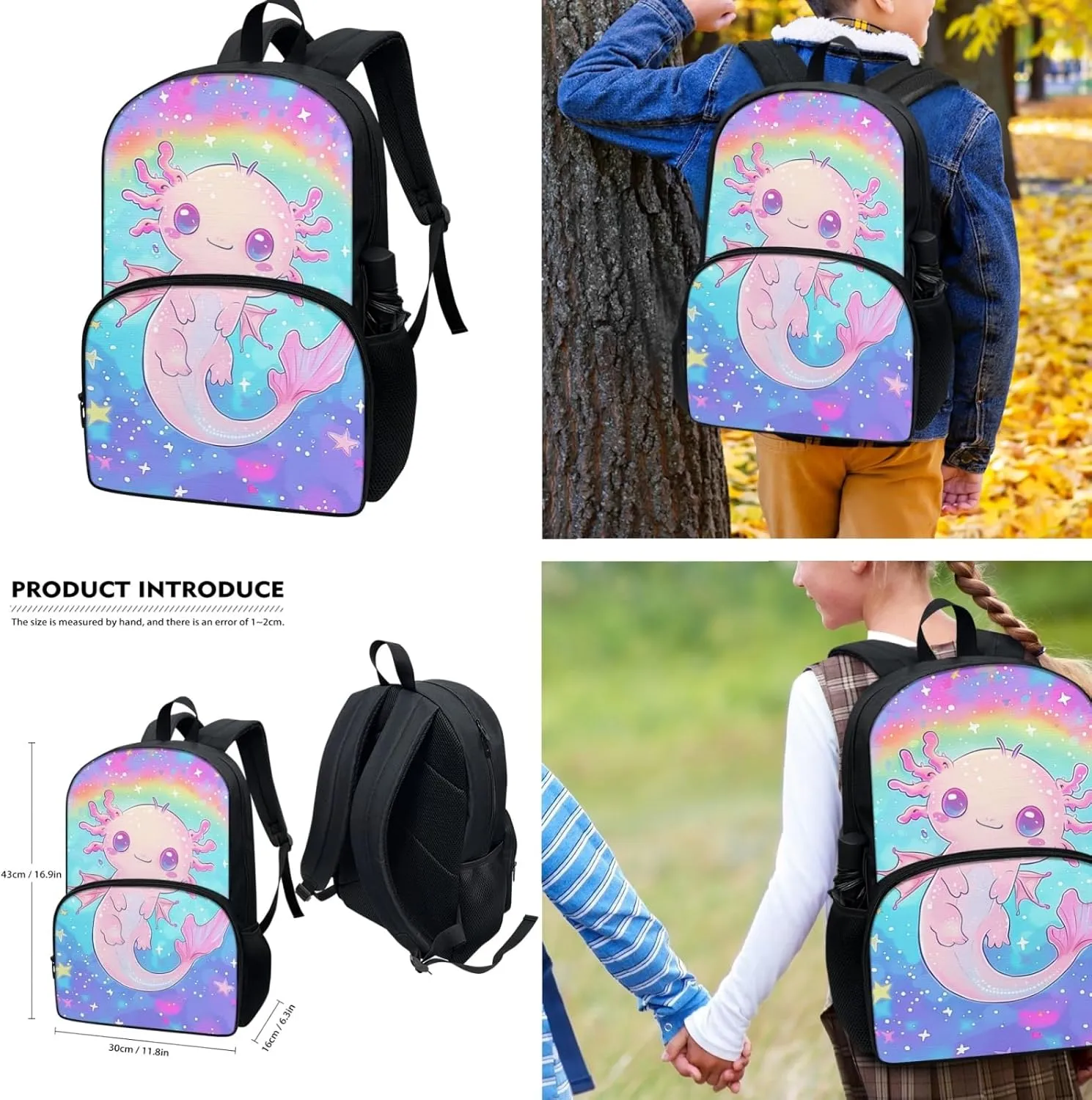 Xhuibop Axolotl Girls Backpack with Lunch Box Set of 3 Rainbow Star Book Bag with Lunchbox for Girls 10-12 Kids Bookbag with Lunch Bag for 3rd Grade Girls Children School Bag Pencil Case