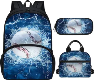 Xhuibop Baseball Backpack for Boys 5-7/8-12 with Lunchbox Kids Bookbag and Lunch Box Set 3 IN 1 Book Bag with Lunch Bag Pencil Case Student School Bag for 6th Grade Boys
