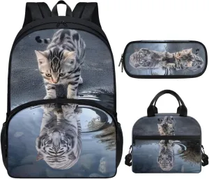 Xhuibop Cat and Tiger Backpack for Boys 8-10 with Lunch Bag Kids Bookbag and Lunch Box Pencil Case 3 PCS School Bag for 5th Grade Girls Children Book Bag with Lunchbox Set