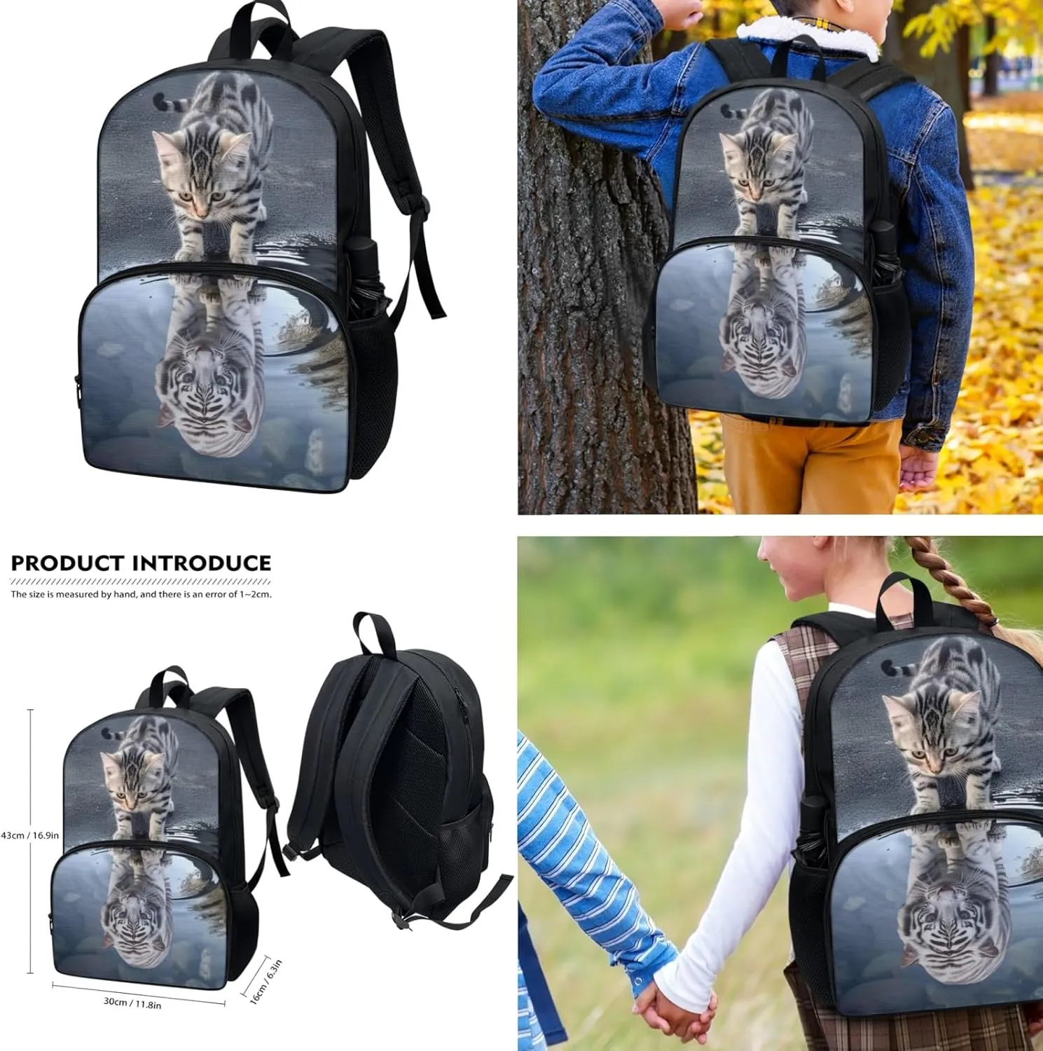 Xhuibop Cat and Tiger Backpack for Boys 8-10 with Lunch Bag Kids Bookbag and Lunch Box Pencil Case 3 PCS School Bag for 5th Grade Girls Children Book Bag with Lunchbox Set