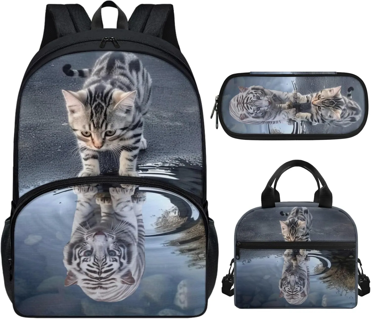 Xhuibop Cat and Tiger Backpack for Boys 8-10 with Lunch Bag Kids Bookbag and Lunch Box Pencil Case 3 PCS School Bag for 5th Grade Girls Children Book Bag with Lunchbox Set