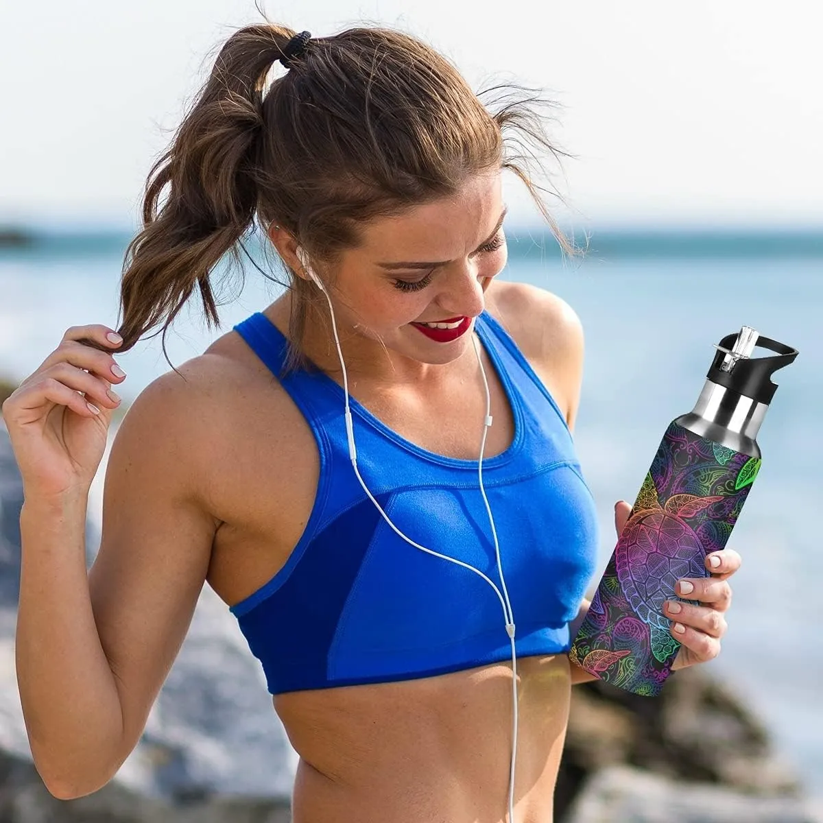 xigua Mandala Sea Turtle Sport Water Bottle with Straw Lid Double Wall Vacuum Insulated Flask Stainless Steel Water Bottle 20 oz