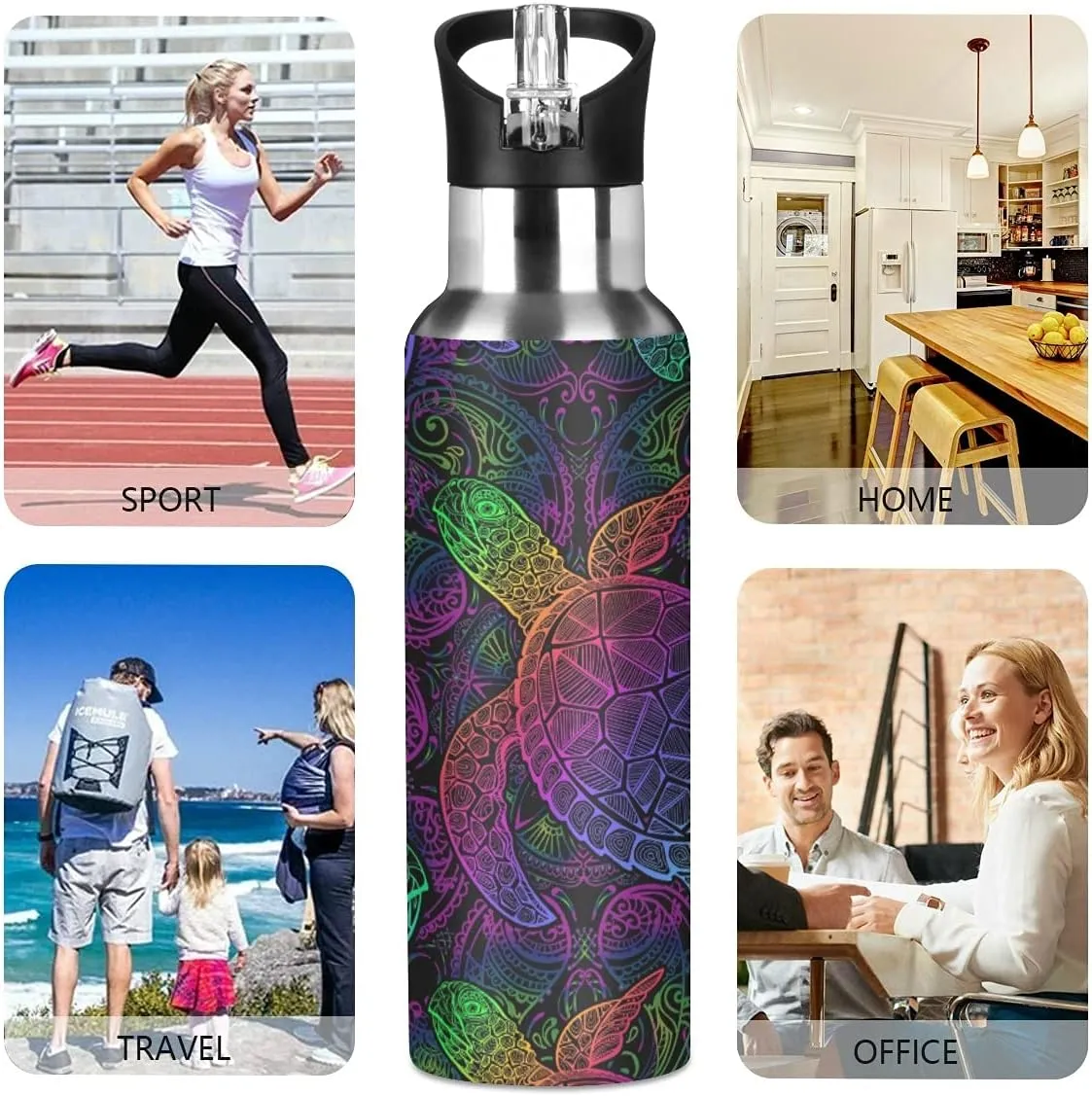 xigua Mandala Sea Turtle Sport Water Bottle with Straw Lid Double Wall Vacuum Insulated Flask Stainless Steel Water Bottle 20 oz