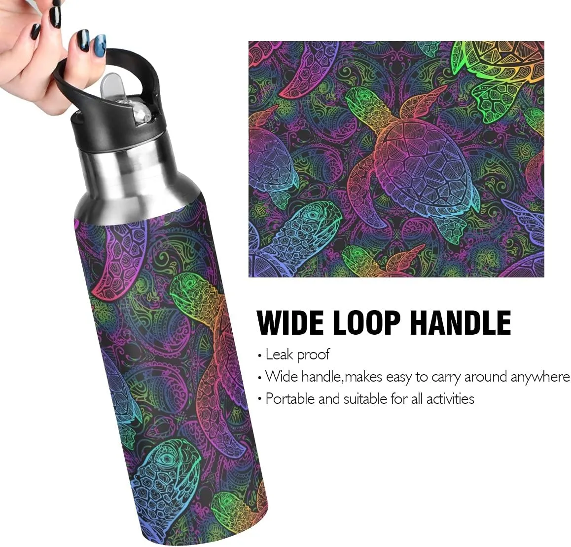 xigua Mandala Sea Turtle Sport Water Bottle with Straw Lid Double Wall Vacuum Insulated Flask Stainless Steel Water Bottle 20 oz